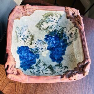 Vintage Ellen Evans Terrafirma Studio Art Pottery Platter w/ Grape & Leaf Relief